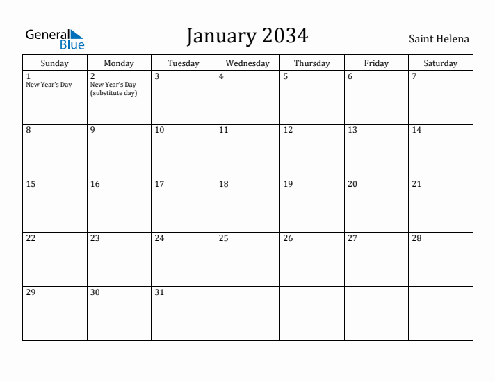 January 2034 Calendar Saint Helena