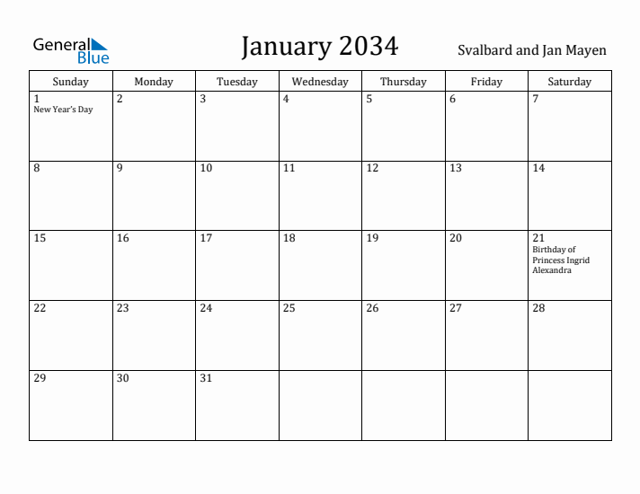 January 2034 Calendar Svalbard and Jan Mayen