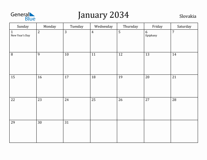 January 2034 Calendar Slovakia