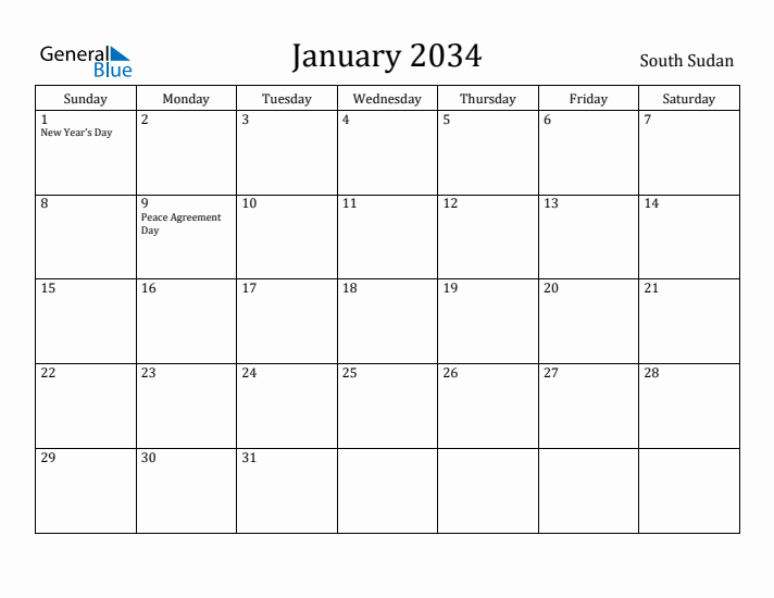 January 2034 Calendar South Sudan