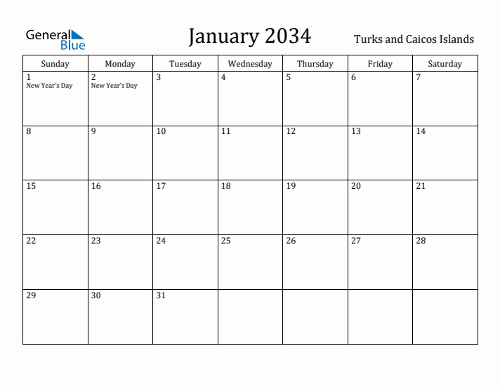 January 2034 Calendar Turks and Caicos Islands