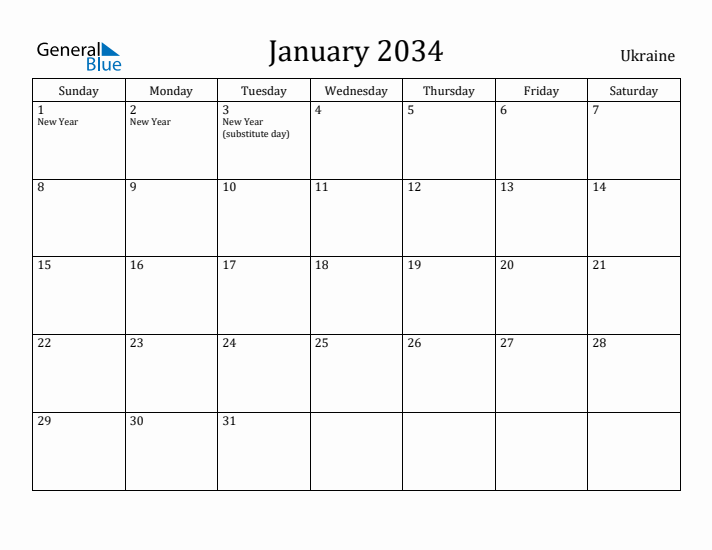 January 2034 Calendar Ukraine