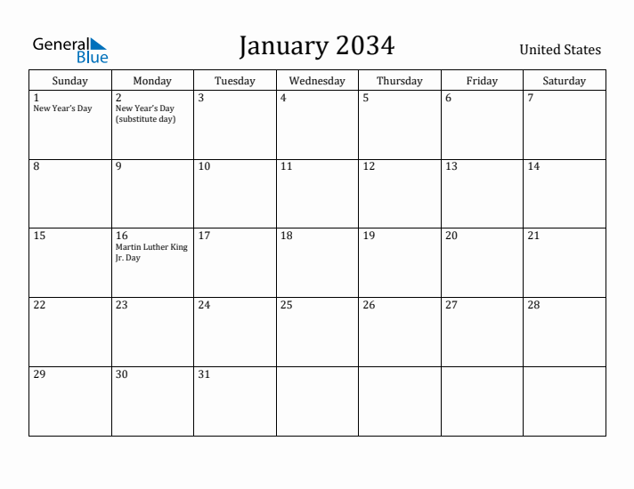 January 2034 Calendar United States