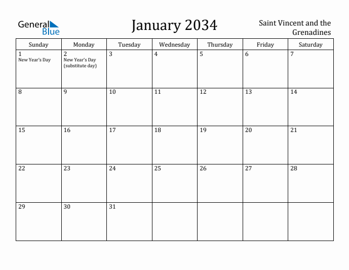January 2034 Calendar Saint Vincent and the Grenadines