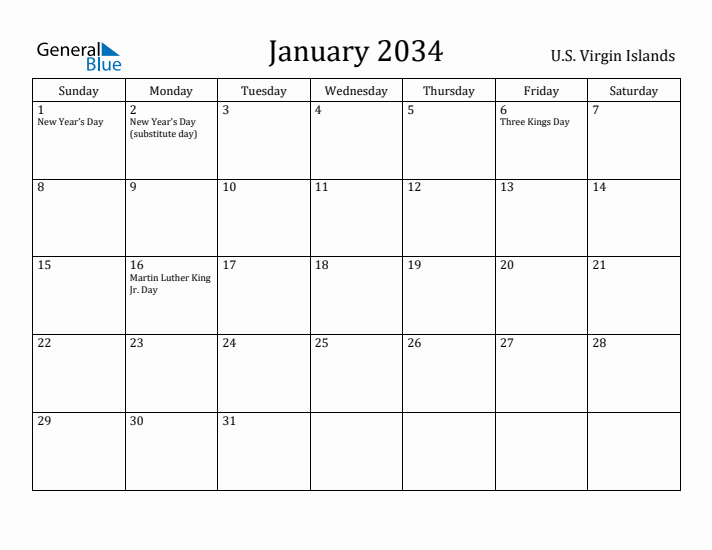 January 2034 Calendar U.S. Virgin Islands