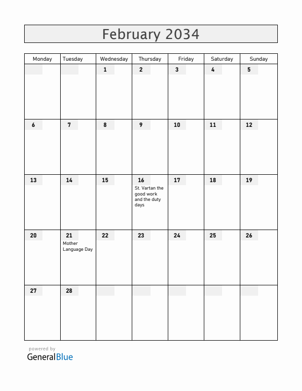 Armenia February 2034 Calendar with Holidays