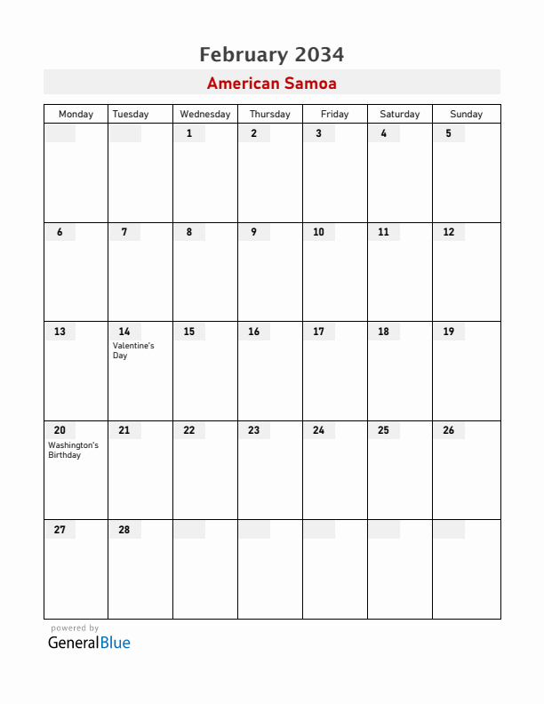 American Samoa February 2034 Calendar with Holidays