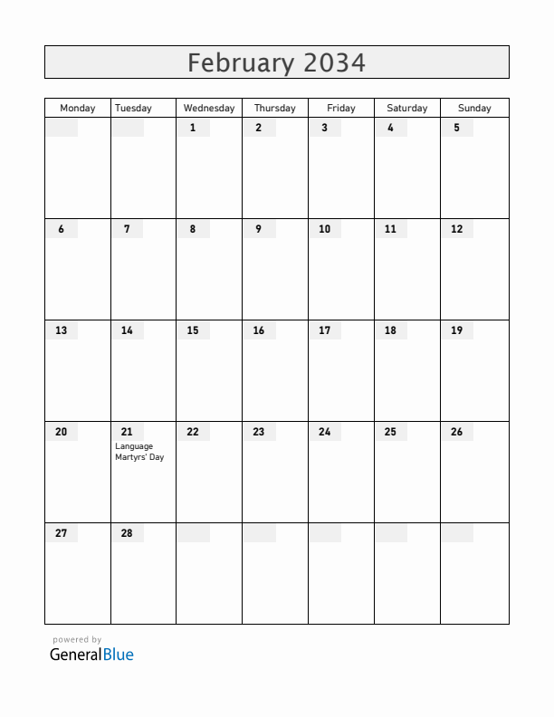 Bangladesh February 2034 Calendar with Holidays