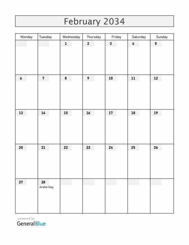Bahrain February 2034 Calendar with Holidays