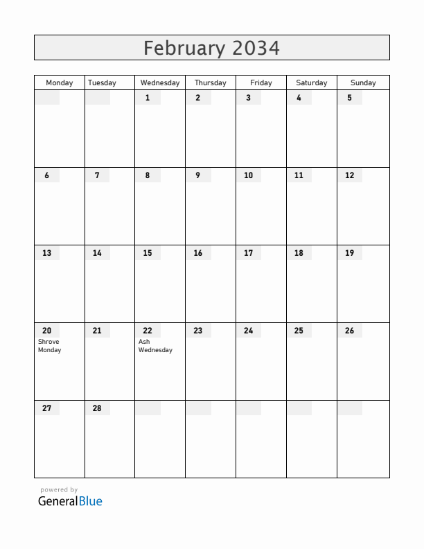 Saint Barthelemy February 2034 Calendar with Holidays