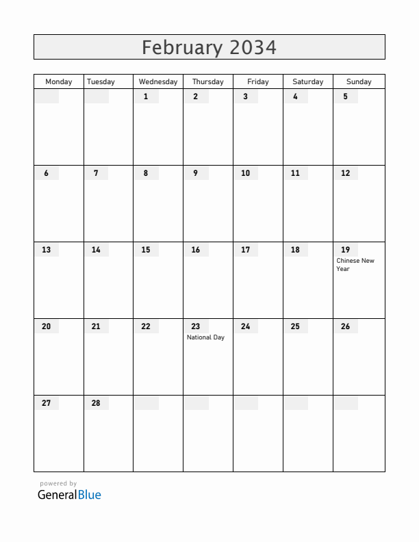 Brunei February 2034 Calendar with Holidays
