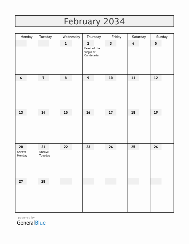 Bolivia February 2034 Calendar with Holidays