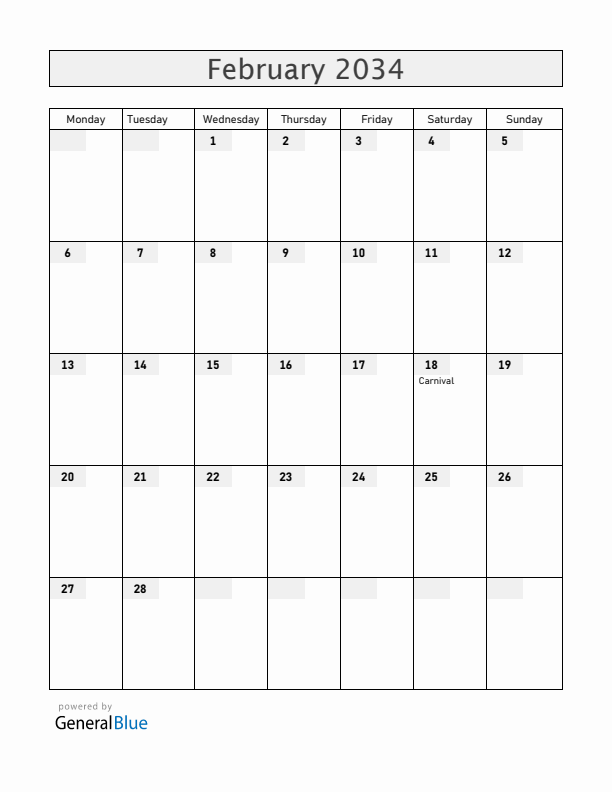 Brazil February 2034 Calendar with Holidays