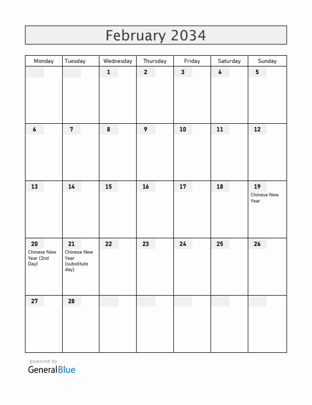 Cocos Islands February 2034 Calendar with Holidays