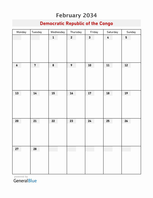 Democratic Republic of the Congo February 2034 Calendar with Holidays