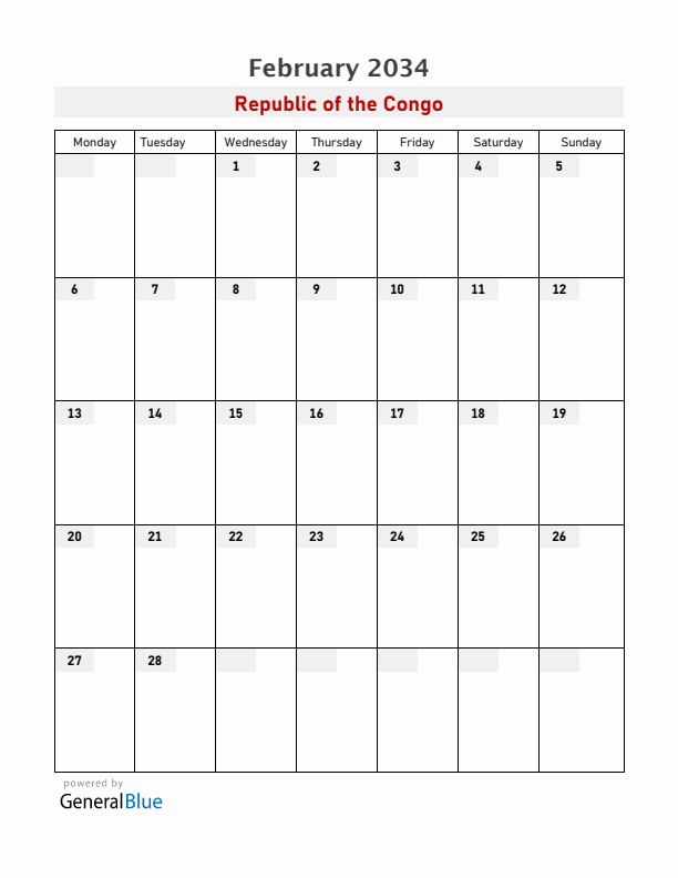 Republic of the Congo February 2034 Calendar with Holidays