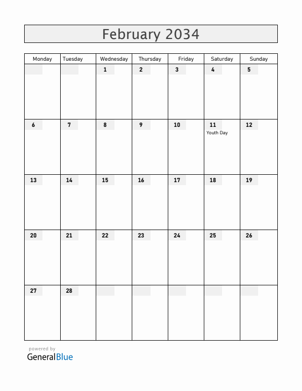 Cameroon February 2034 Calendar with Holidays