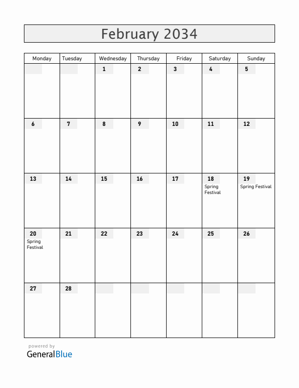 China February 2034 Calendar with Holidays