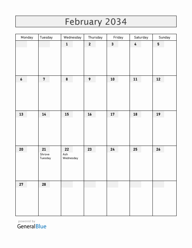 Cabo Verde February 2034 Calendar with Holidays