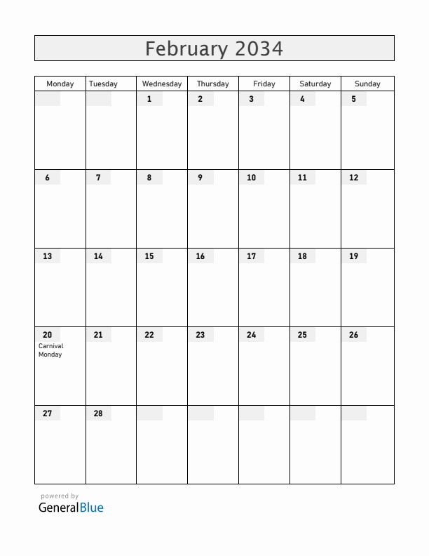 Curacao February 2034 Calendar with Holidays