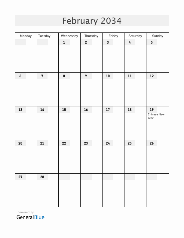Christmas Island February 2034 Calendar with Holidays