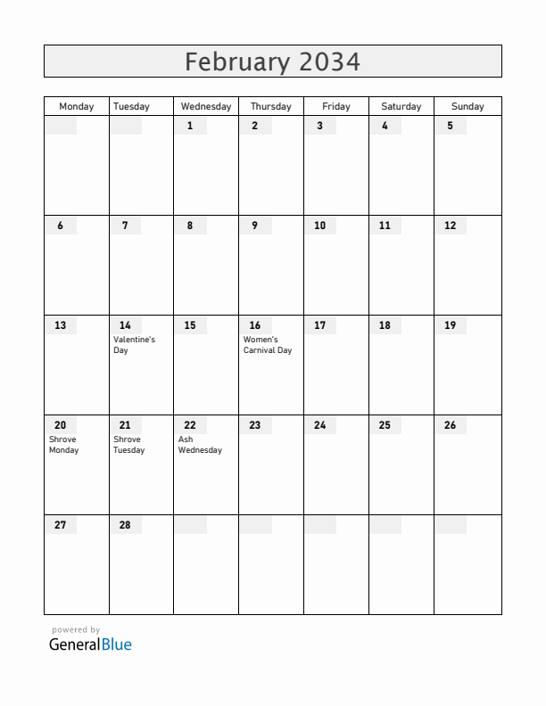 Germany February 2034 Calendar with Holidays