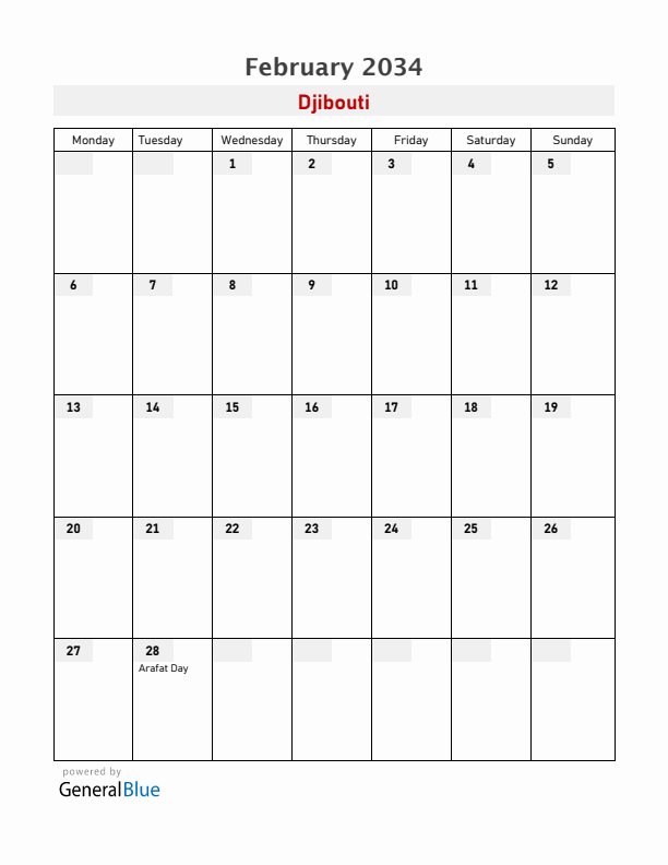 Djibouti February 2034 Calendar with Holidays