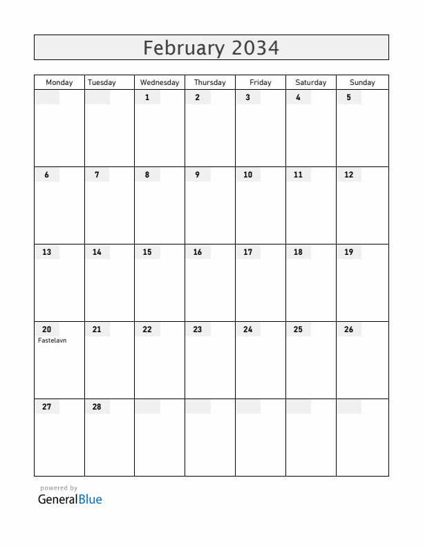 Denmark February 2034 Calendar with Holidays