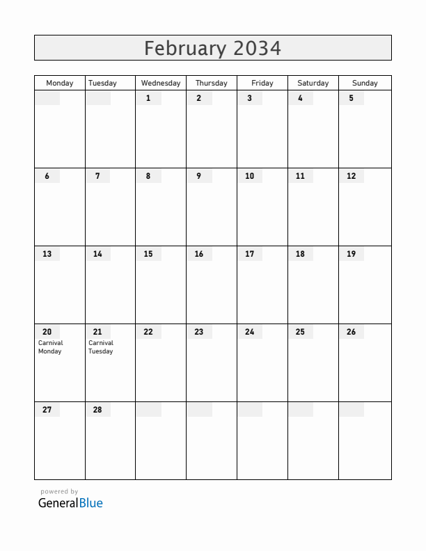 Dominica February 2034 Calendar with Holidays
