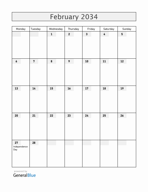 Dominican Republic February 2034 Calendar with Holidays