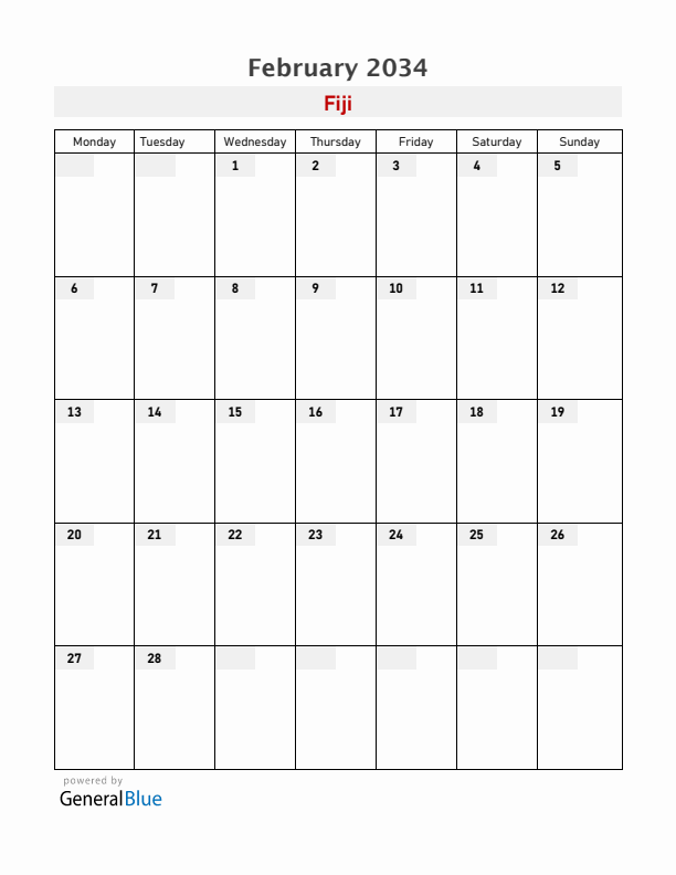 Fiji February 2034 Calendar with Holidays