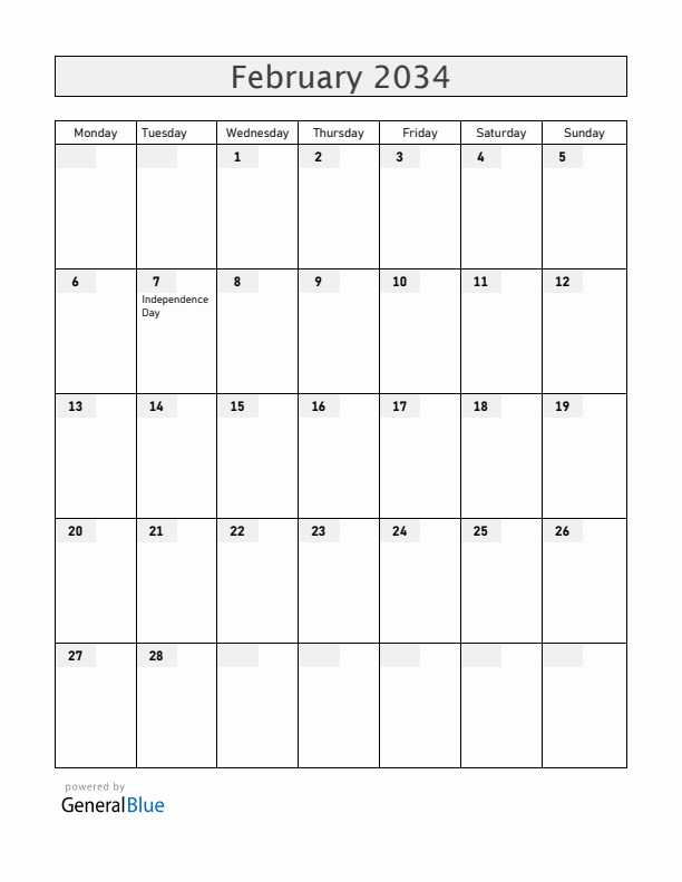 Grenada February 2034 Calendar with Holidays
