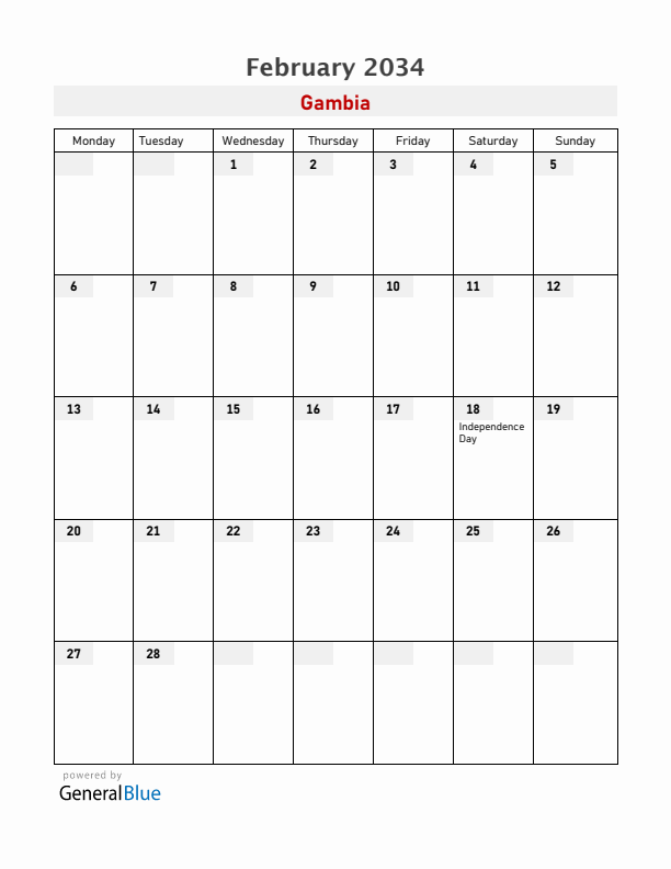 Gambia February 2034 Calendar with Holidays