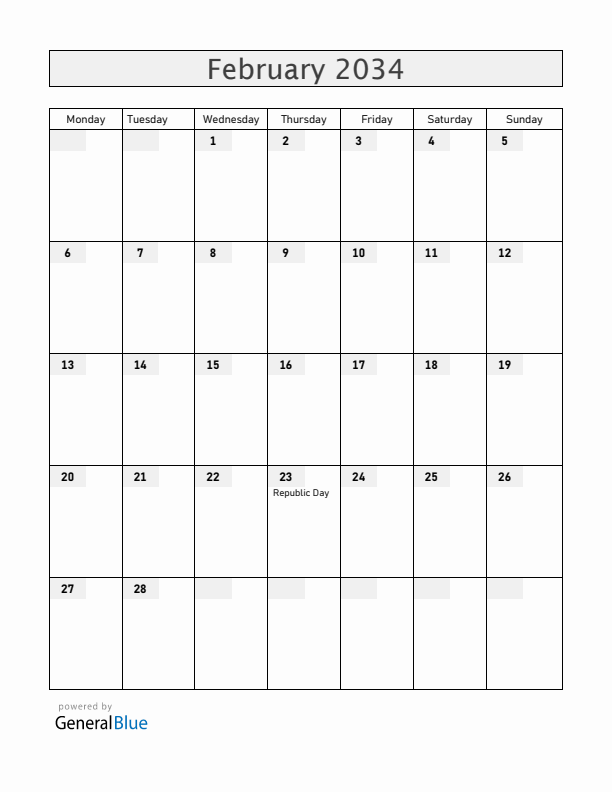 Guyana February 2034 Calendar with Holidays