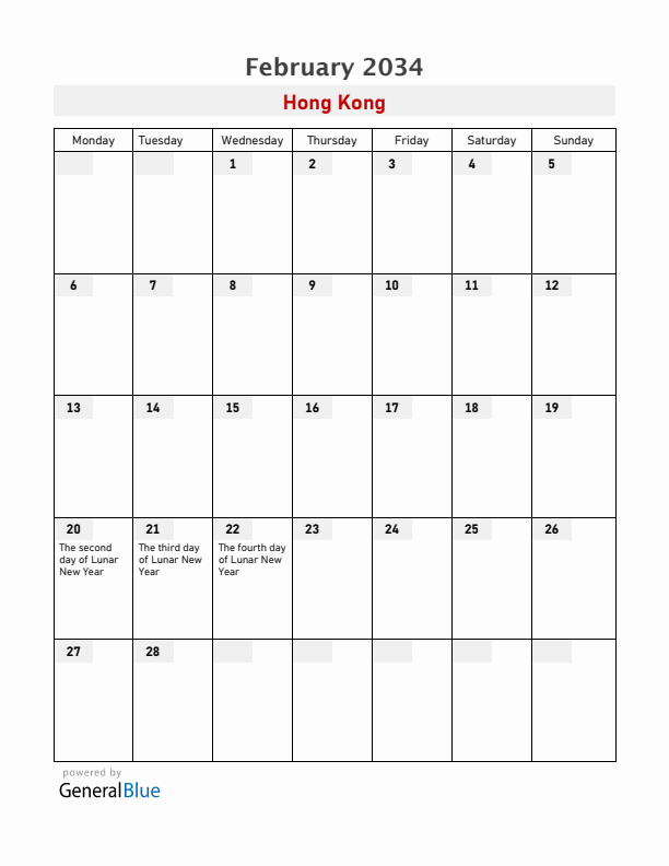 Hong Kong February 2034 Calendar with Holidays