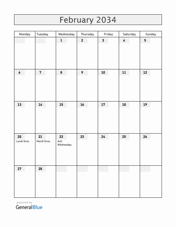 Haiti February 2034 Calendar with Holidays