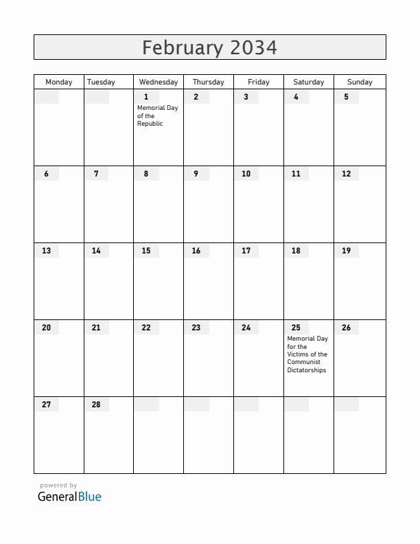 Hungary February 2034 Calendar with Holidays