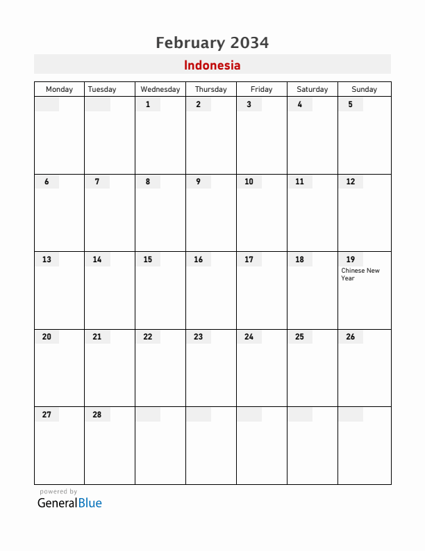Indonesia February 2034 Calendar with Holidays