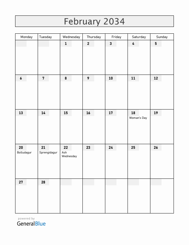 Iceland February 2034 Calendar with Holidays