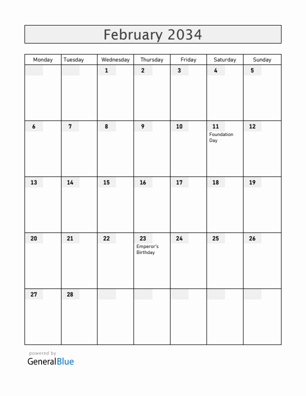 Japan February 2034 Calendar with Holidays