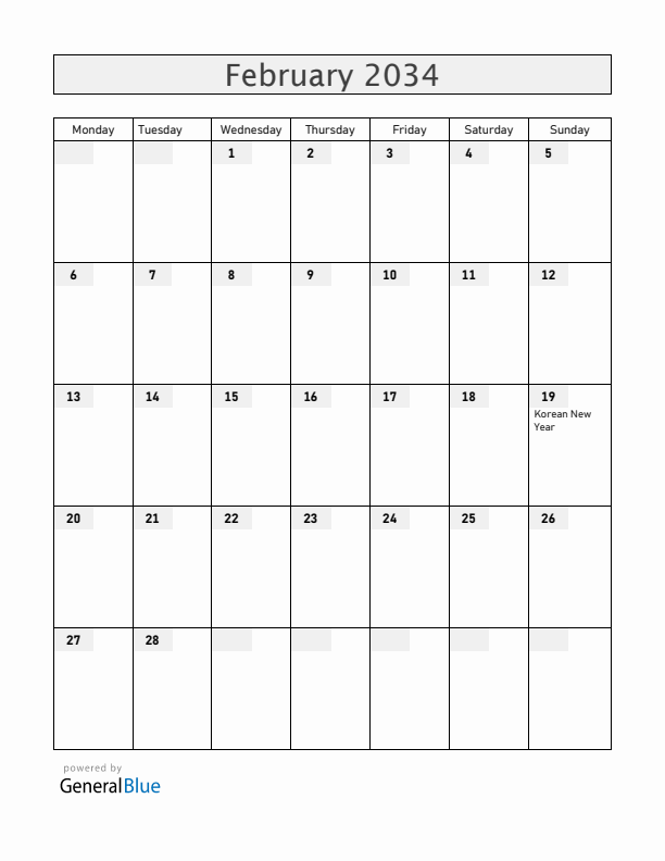 South Korea February 2034 Calendar with Holidays