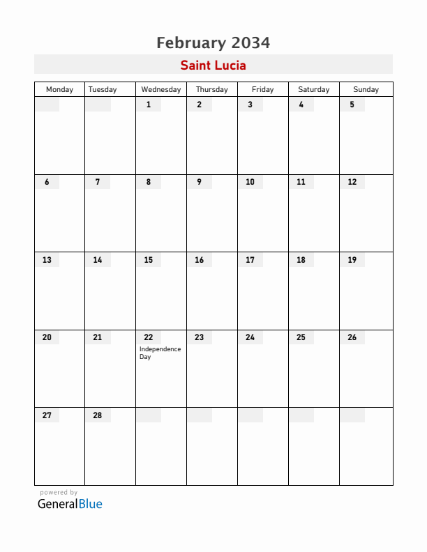 Saint Lucia February 2034 Calendar with Holidays