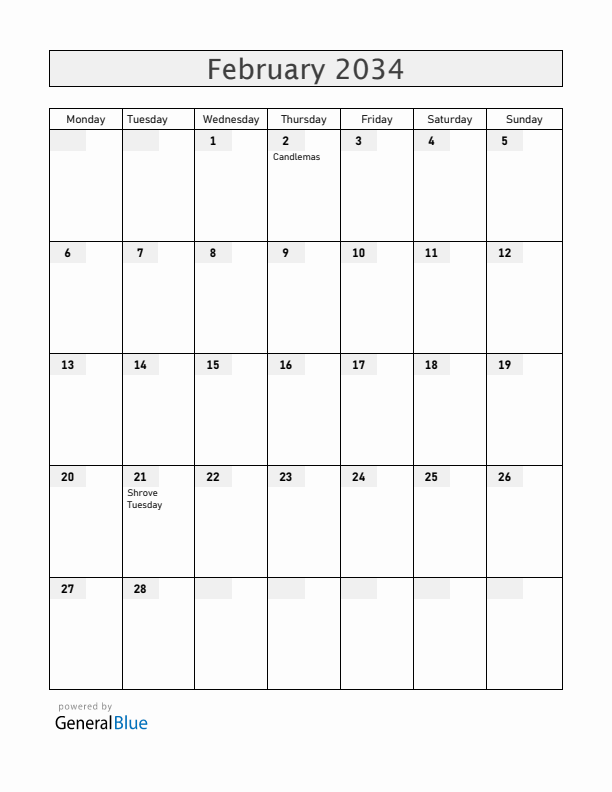 Liechtenstein February 2034 Calendar with Holidays