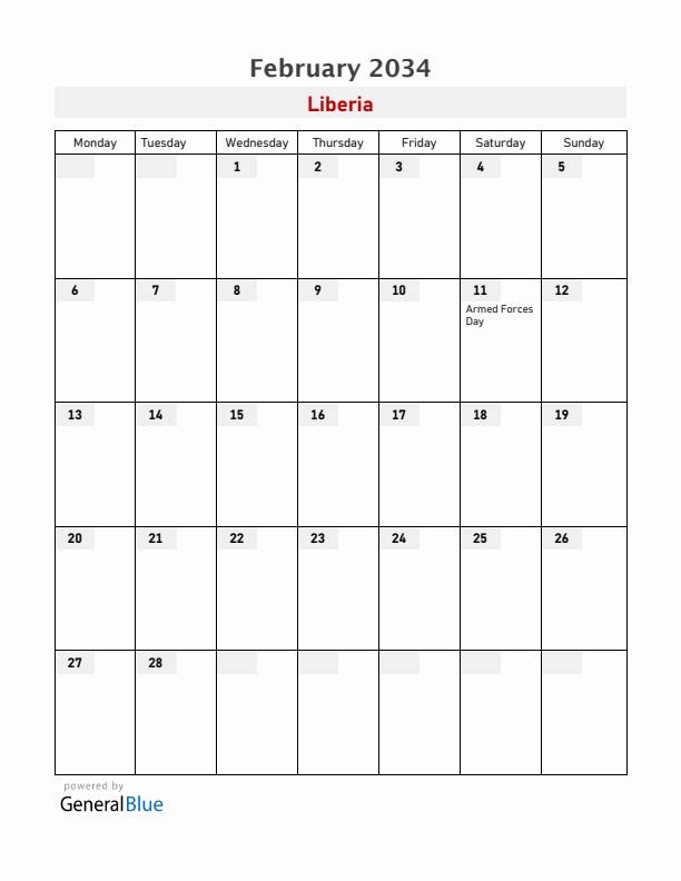 Liberia February 2034 Calendar with Holidays