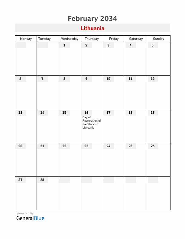 Lithuania February 2034 Calendar with Holidays