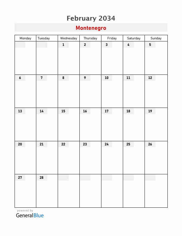 Montenegro February 2034 Calendar with Holidays