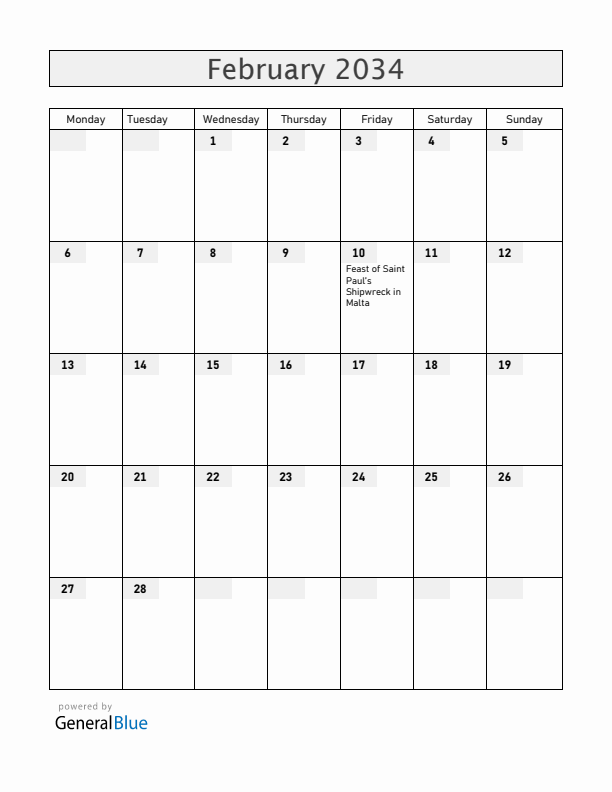 Malta February 2034 Calendar with Holidays