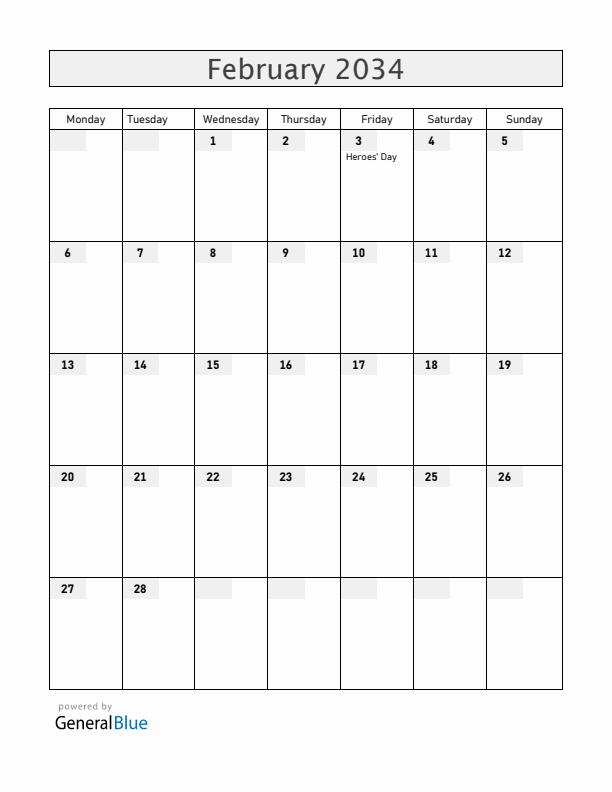 Mozambique February 2034 Calendar with Holidays
