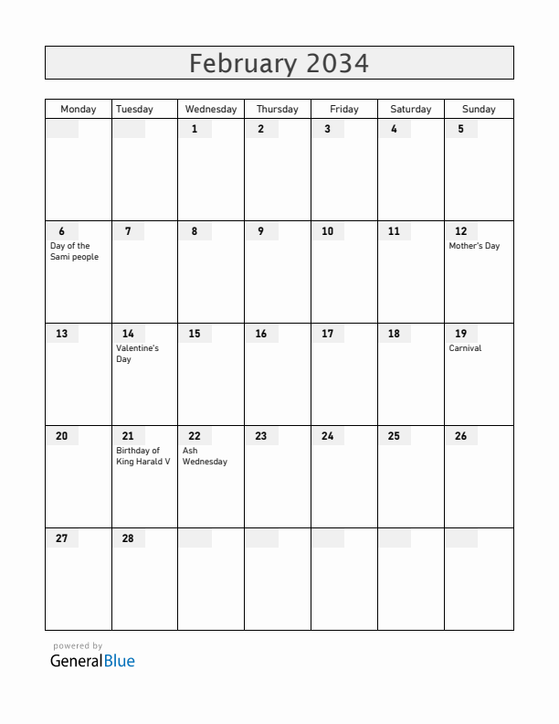 Norway February 2034 Calendar with Holidays