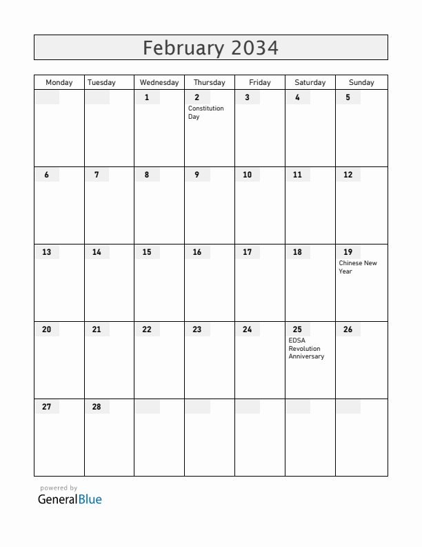 Philippines February 2034 Calendar with Holidays